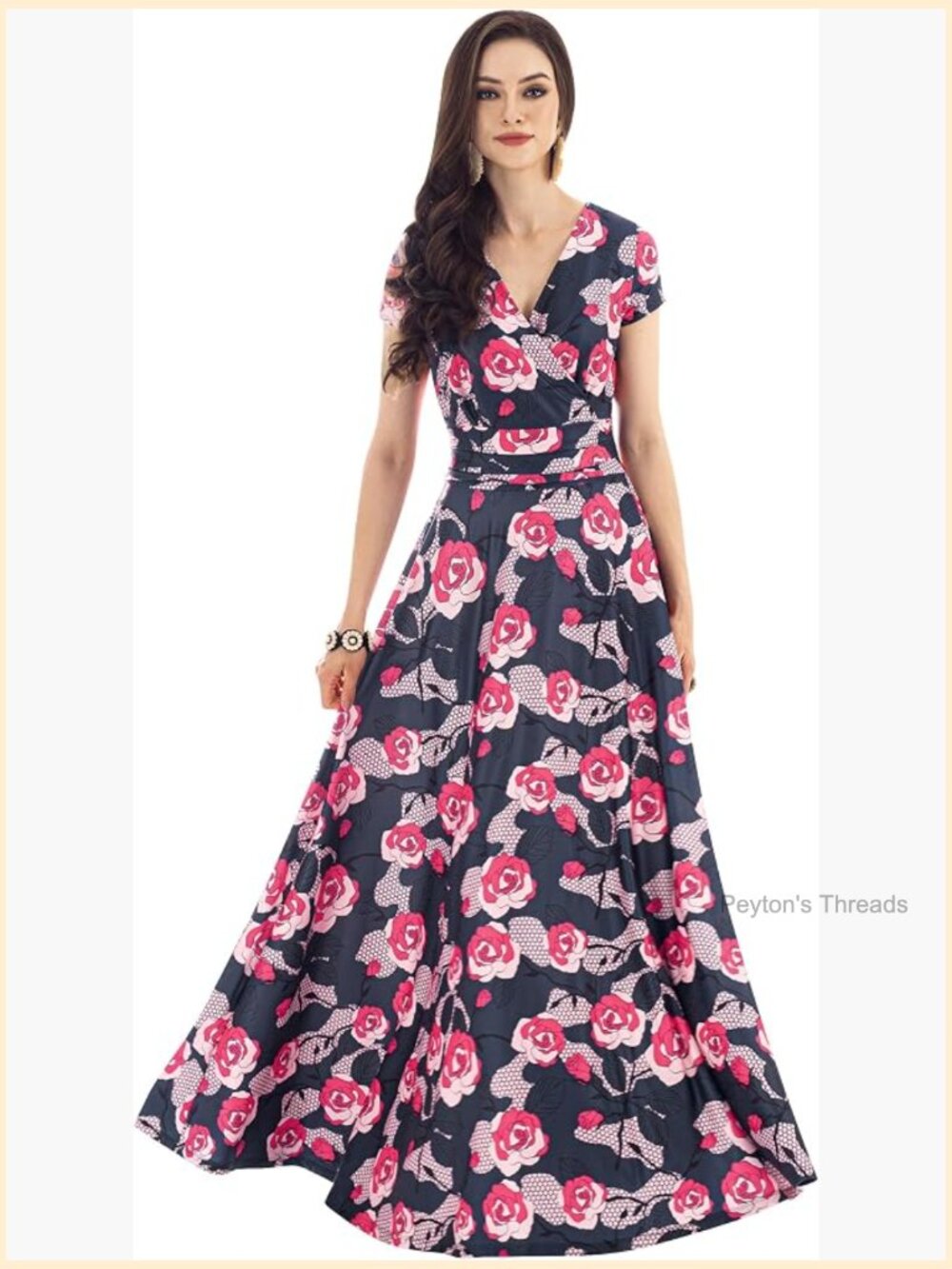 Floor Length Flowing Summer Print Maxi Dress with Cap Sleeves